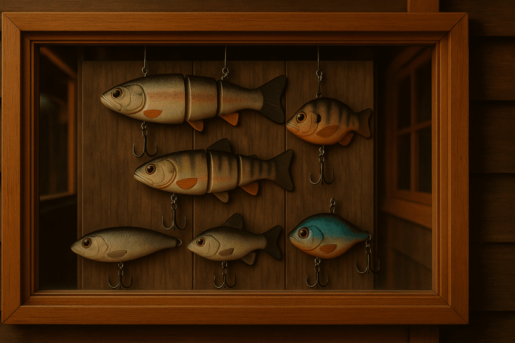 leurres de peche dans une vitrine