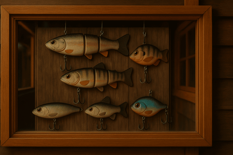 leurres de peche dans une vitrine