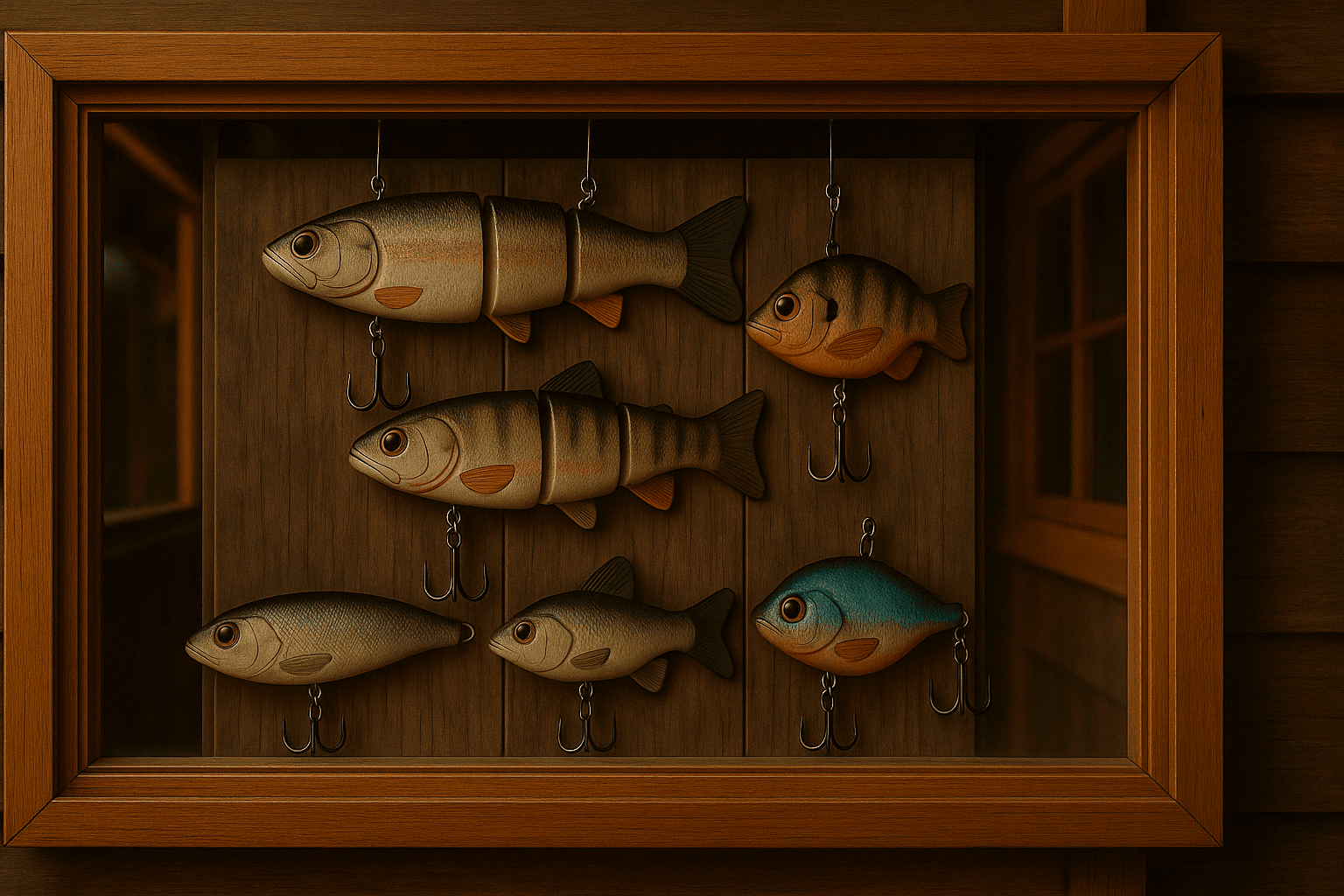 leurres de peche dans une vitrine